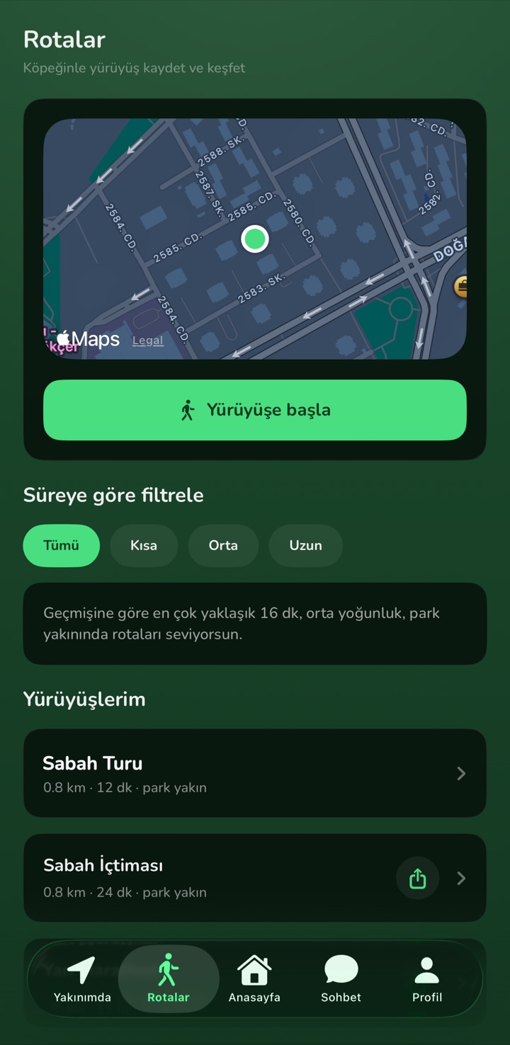 Rotalar ekranı: kaydedilen ve önerilen yürüyüş rotaları